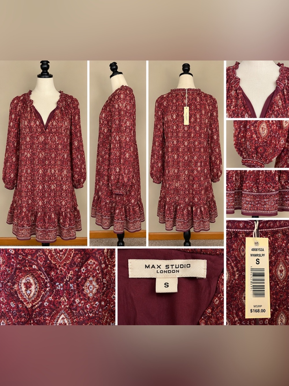 Max Studio London Burgundy Paisley Boho Dress Size Small NWT